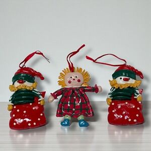 Set of 3 Resin Holiday Ornaments Raggedy‎ Ann Jack in the Box Red Green